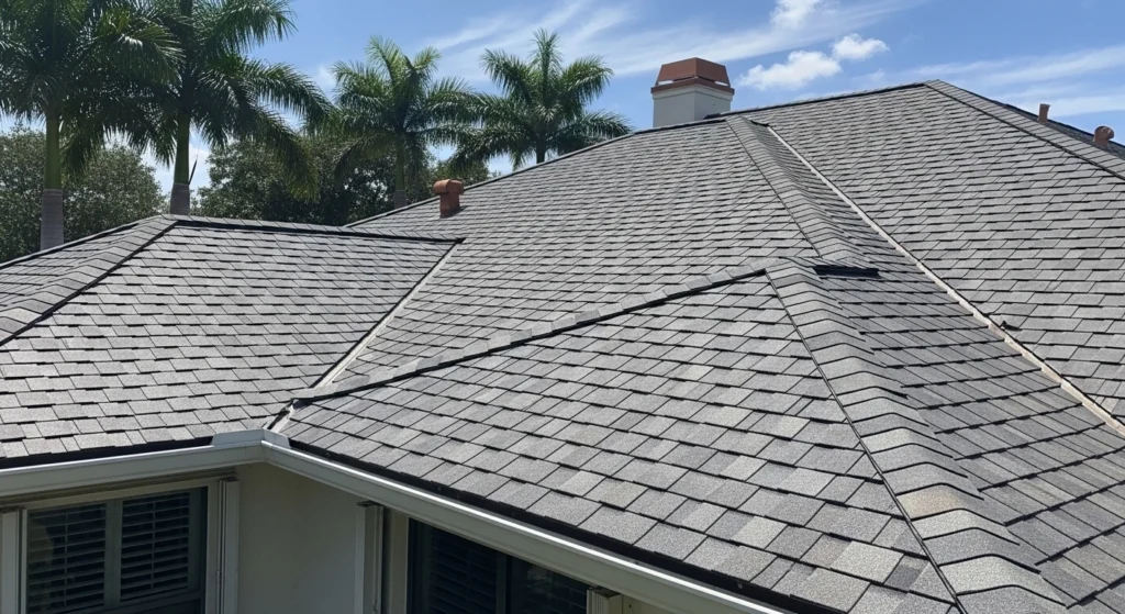 This is a high-angle photograph of a residential house roof on a sunny day. Here is a detailed description: Roofing Material: The roof is covered with architectural (or dimensional) asphalt shingles. The shingles have a variegated color pattern, featuring a mix of light, medium, and dark gray tones, which gives the roof a textured and modern appearance. Roof Structure: The roof is complex, with multiple planes, hips, and ridges, indicating a multi-faceted architectural design for the house. The shingles appear to be in excellent, possibly new, condition, with clean lines and no visible signs of wear, curling, or damage.