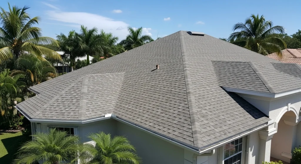 This is a high-angle photograph of a residential house roof on a sunny day. Here is a detailed description: Roofing Material: The roof is covered with architectural (or dimensional) asphalt shingles. The shingles have a variegated color pattern, featuring a mix of light, medium, and dark gray tones, which gives the roof a textured and modern appearance. Roof Structure: The roof is complex, with multiple planes, hips, and ridges, indicating a multi-faceted architectural design for the house. The shingles appear to be in excellent, possibly new, condition, with clean lines and no visible signs of wear, curling, or damage.