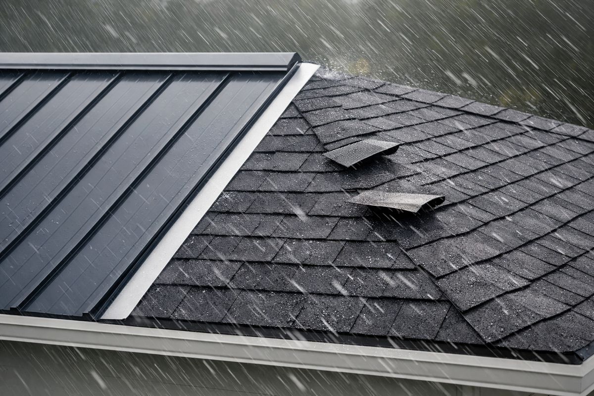 A Florida house roof during a strong storm, showing one side covered with interlocking standing seam metal panels with concealed fasteners and the other side covered with asphalt shingles, with wind-driven rain blowing across the roof and a few loose shingle tabs lifting at the edges