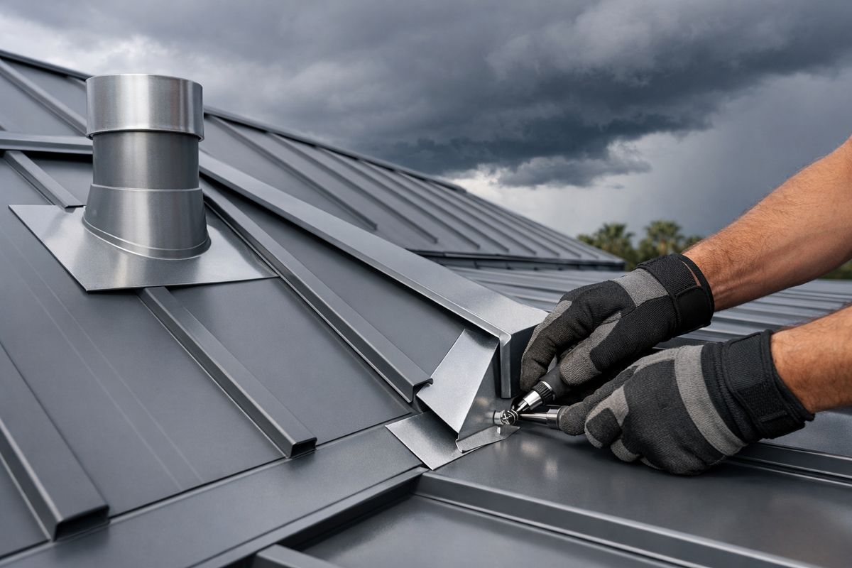 A close-up view of a metal roof installation on a Florida home, showing standing seam panels being aligned with flashing around a roof valley and vent, with a worker's gloved hands tightening fasteners near the edge while storm clouds gather in the background