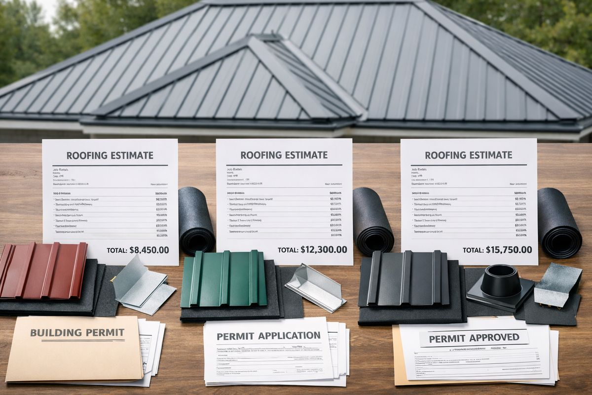 Three roofing contractor estimate sheets laid side by side on a table, each showing a different total next to samples of metal roof panels, underlayment, flashing pieces, and permit paperwork, with a house roof visible in the background