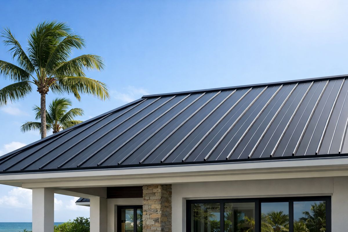 A Florida home with a sleek standing seam metal roof showing long vertical panels, raised seams, and concealed clips, viewed from the ground under bright sun with palm trees and a coastal breeze in the background