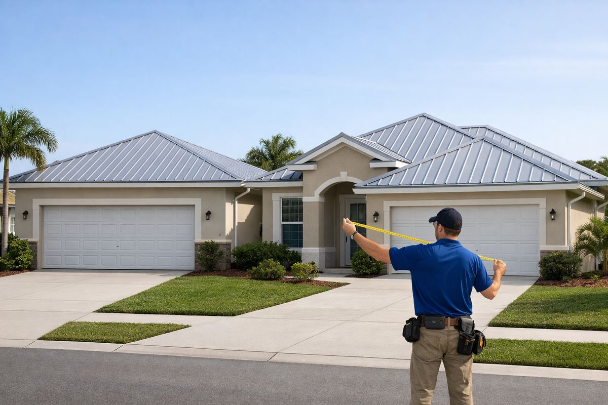 Two neighboring single-family homes in a Florida suburb, both with similar size and age, one covered in basic metal panels and the other in a more complex metal roof with valleys and trim pieces, shown under bright sun with a contractor measuring the roofline from the driveway