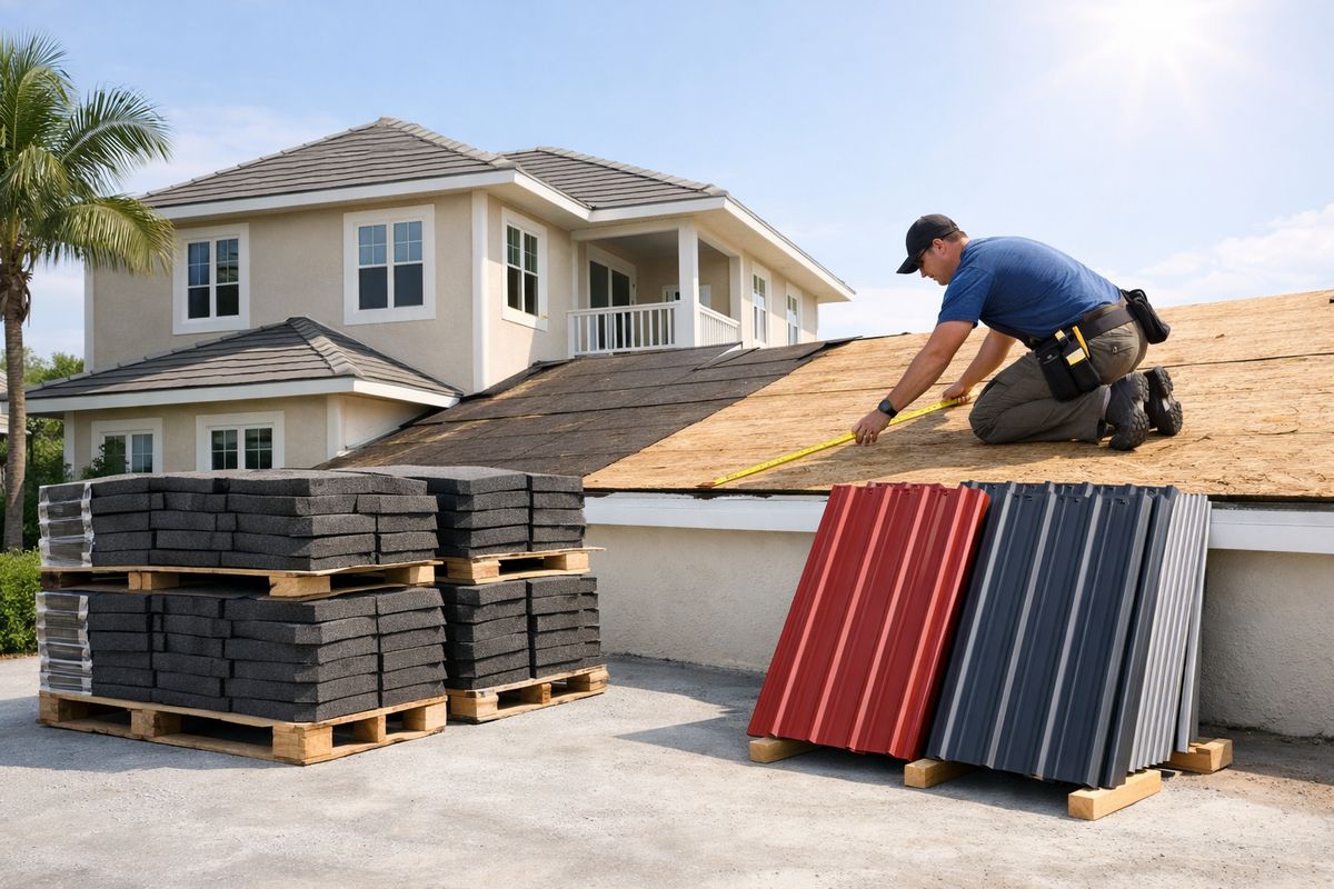 A residential roofing project scene with two material options laid out side by side: stacks of dark asphalt shingles on pallets, bundles of metal roofing panels leaning nearby, and a contractor measuring a roof on a two-story Florida home under bright sun