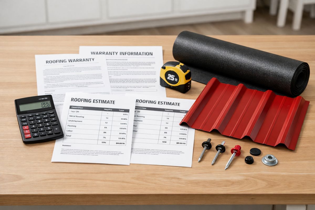 A kitchen table covered with two roofing estimates, a calculator, a tape measure, and printed warranty documents, alongside a sample metal roofing panel, underlayment roll, and several fasteners laid out for comparison