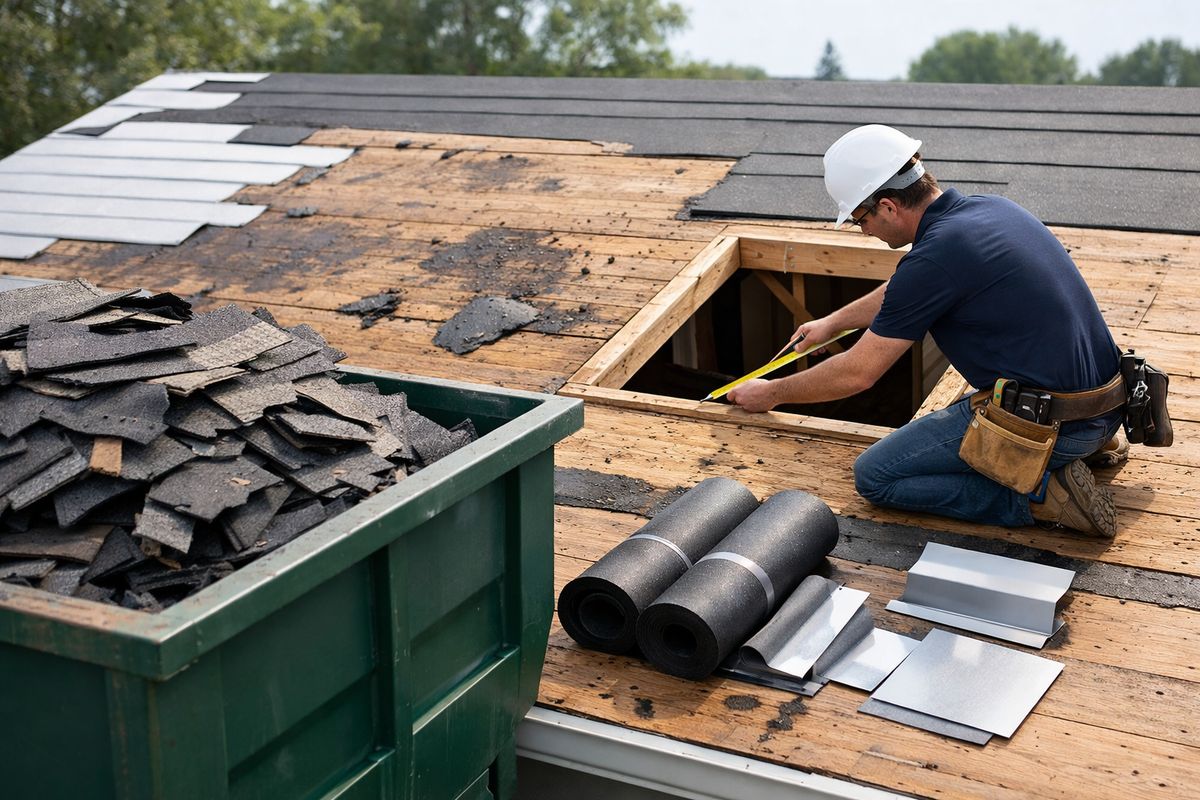 A roof repair scene with torn-off shingles piled into a dumpster, exposed roof decking being inspected for damaged wood, rolls of underlayment, metal flashing pieces, and a contractor measuring around a skylight opening on a partially stripped roof