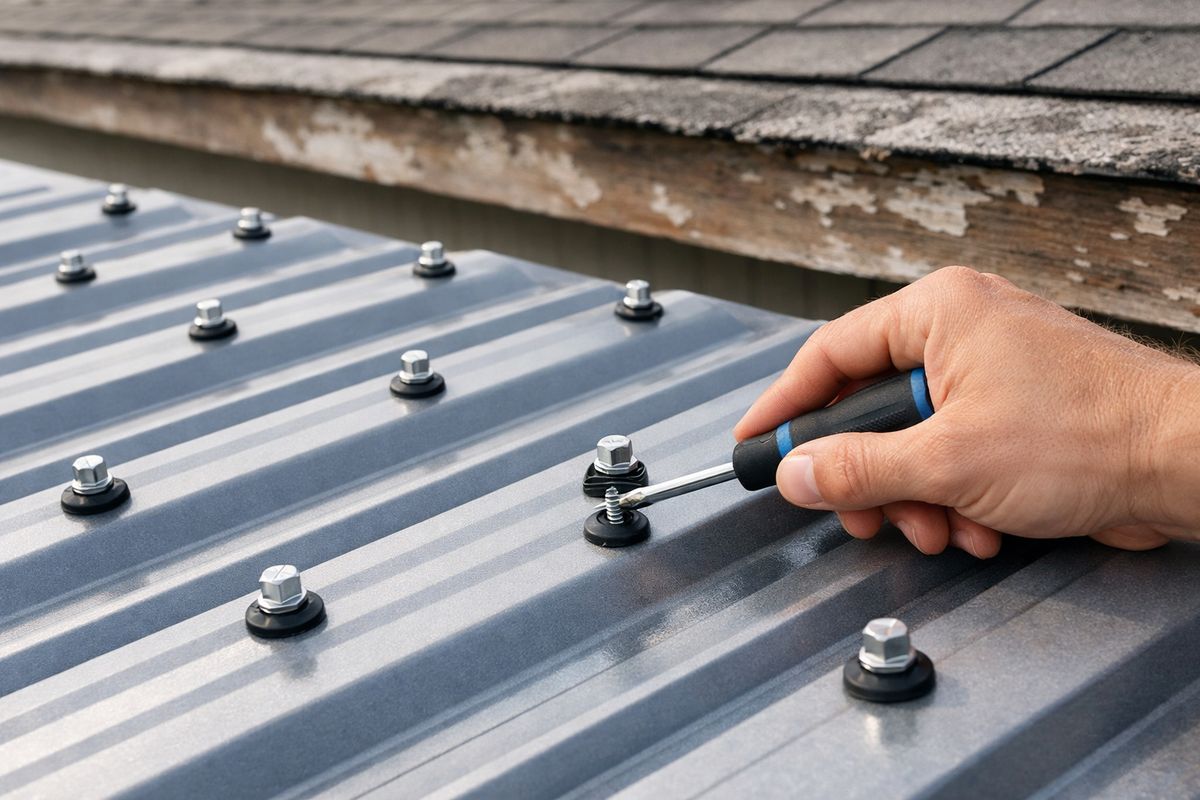 A close-up of a corrugated metal roof panel with rows of visible screws and rubber washers, with a hand holding a screwdriver near the fasteners and a weathered residential roof edge in the background