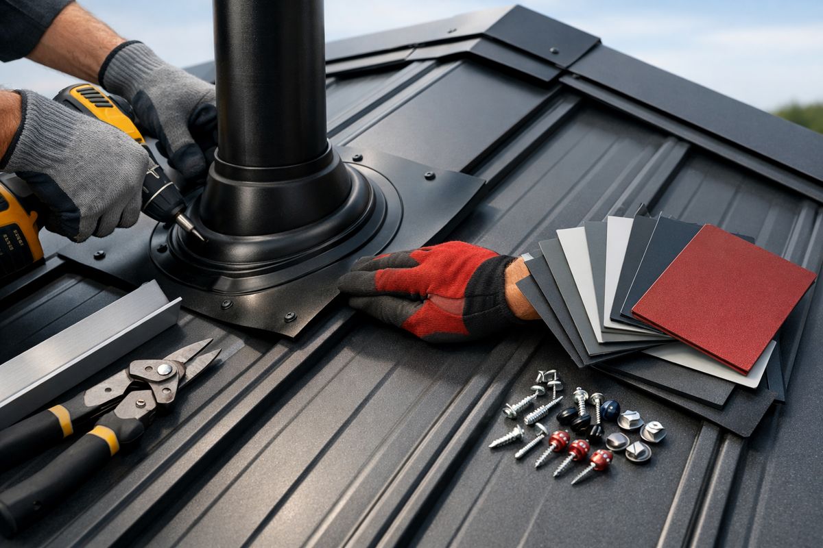 A close-up rooftop installation scene showing metal panels being fastened on a steep roof, with workers fitting flashing around a vent pipe, cutting trim pieces, and stacking different metal samples and fasteners near the ridge