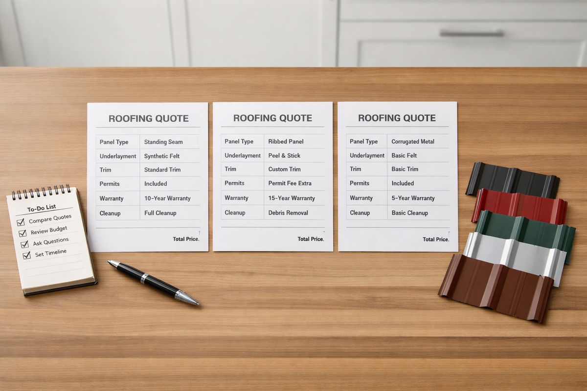 A kitchen table covered with three printed roofing quotes, a pen, a notepad checklist, and metal roof material samples, with the pages arranged in columns as if someone is comparing panel type, underlayment, trim, permits, warranty, and cleanup line by line