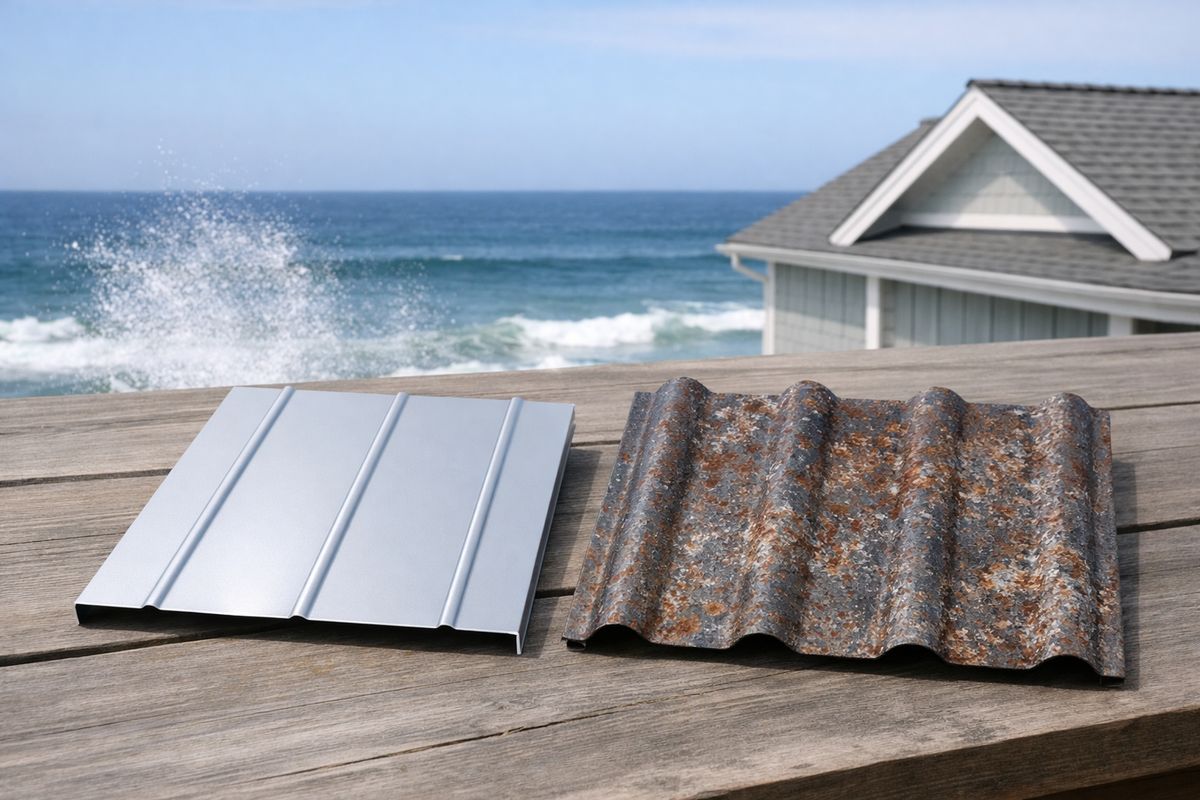 Two roof material samples laid on a seaside property table: a silver aluminum panel and a steel panel with visible corrosion speckling, with ocean water, salt spray, and a beach house roofline behind them