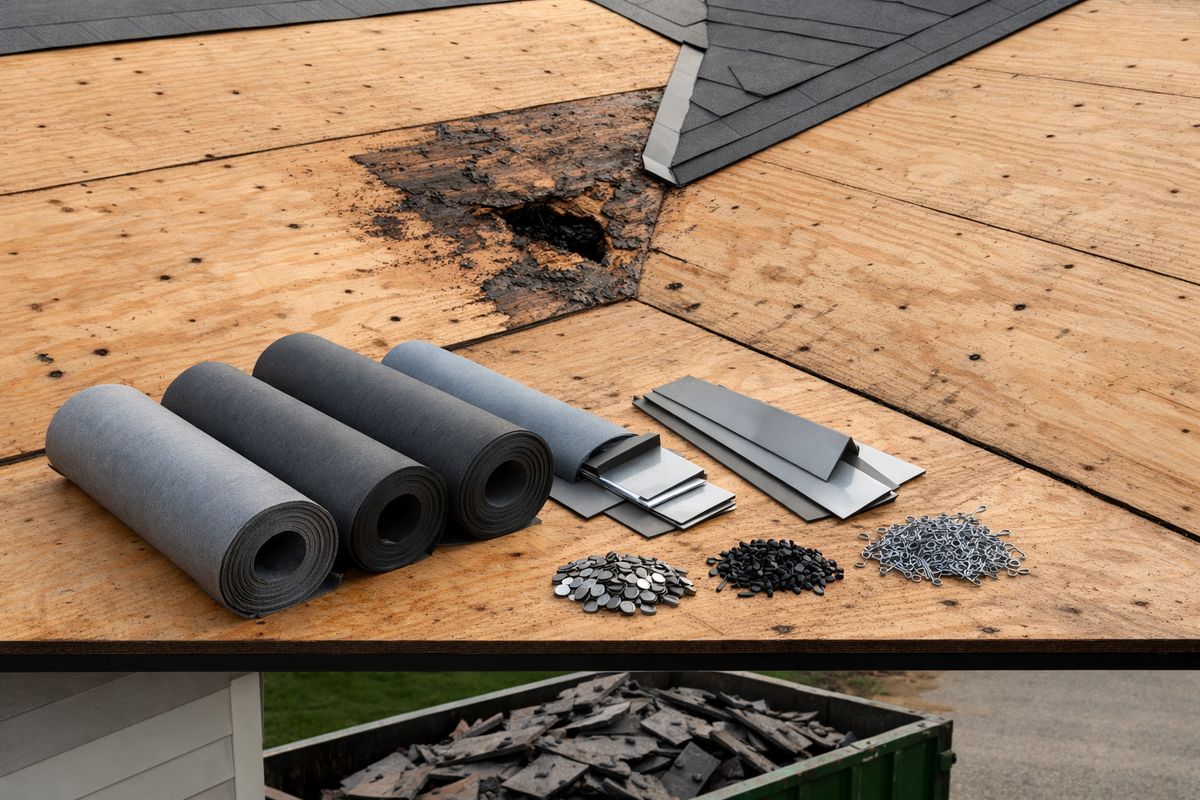 An uncovered roof deck after tear-off, with stacks of removed shingles in a dumpster below, a section of damaged plywood sheathing exposed near a valley, rolls of underlayment, flashing pieces, and loose fasteners arranged on the roof