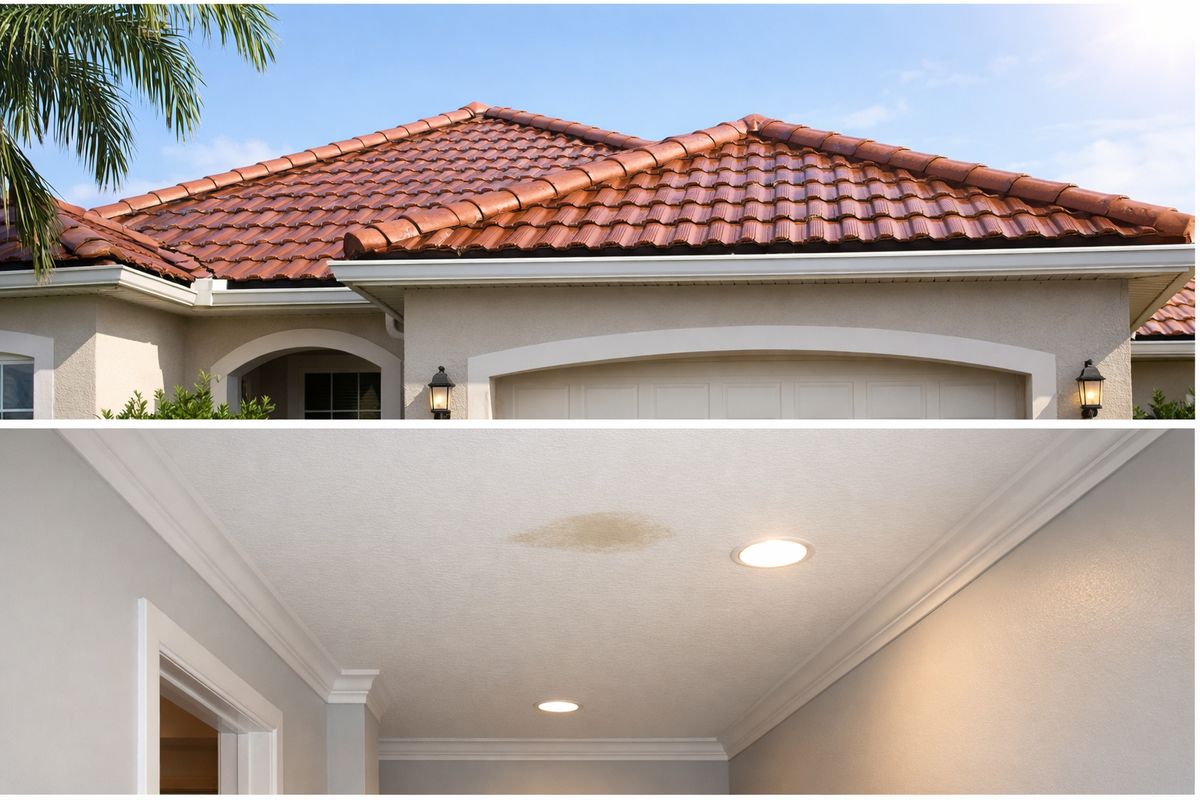 A Florida home with a reddish tile roof after a summer rain, showing one small ceiling stain inside a hallway below while outside the roof appears mostly intact, with bright sun, wet shingles, and a few roof tiles visible from street level