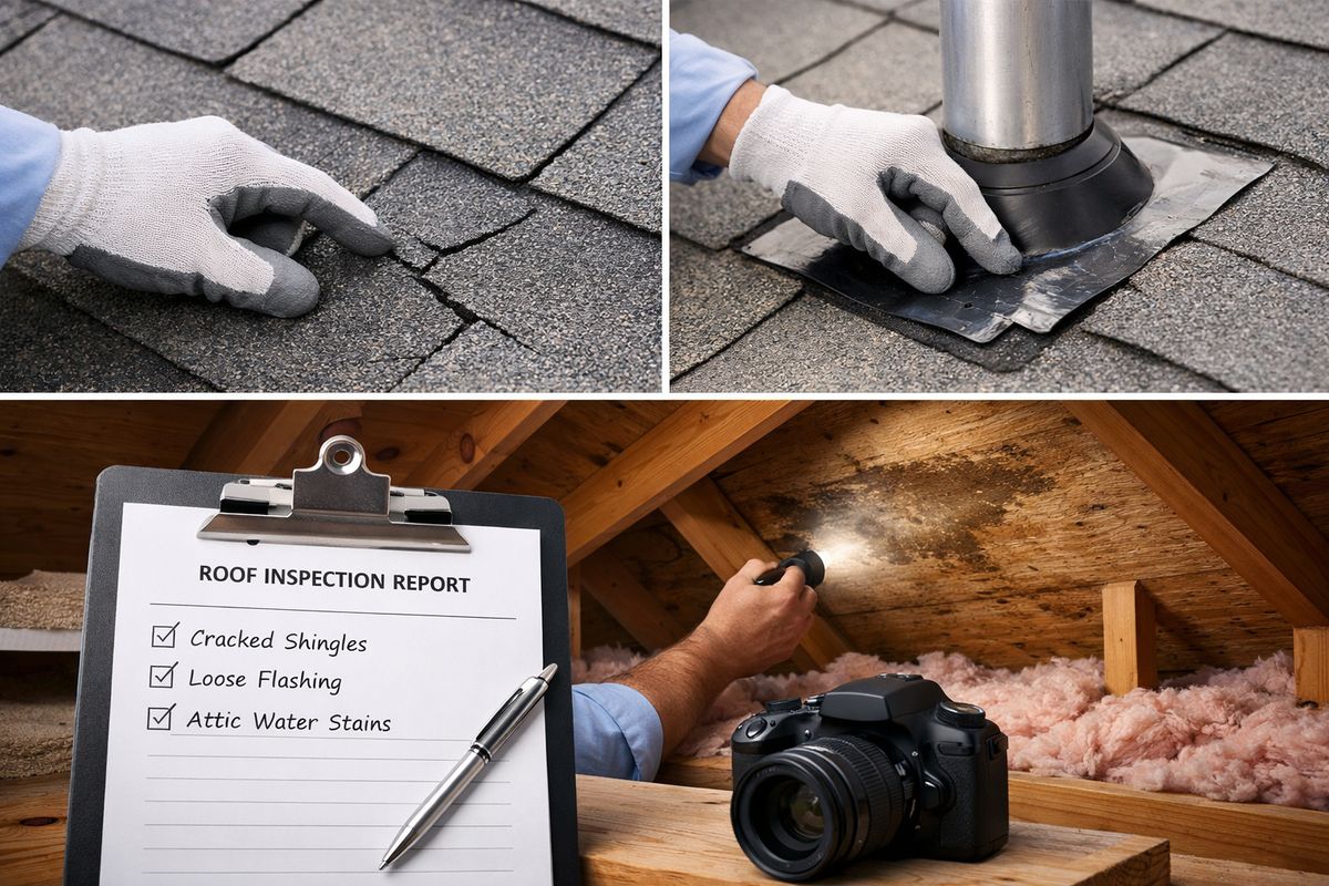 A close-up view of a roofing inspector on a Florida home checking cracked shingles, loose flashing around a vent pipe, and water stains in an attic with exposed rafters and insulation below, while a clipboard with inspection notes and a camera sit nearby.