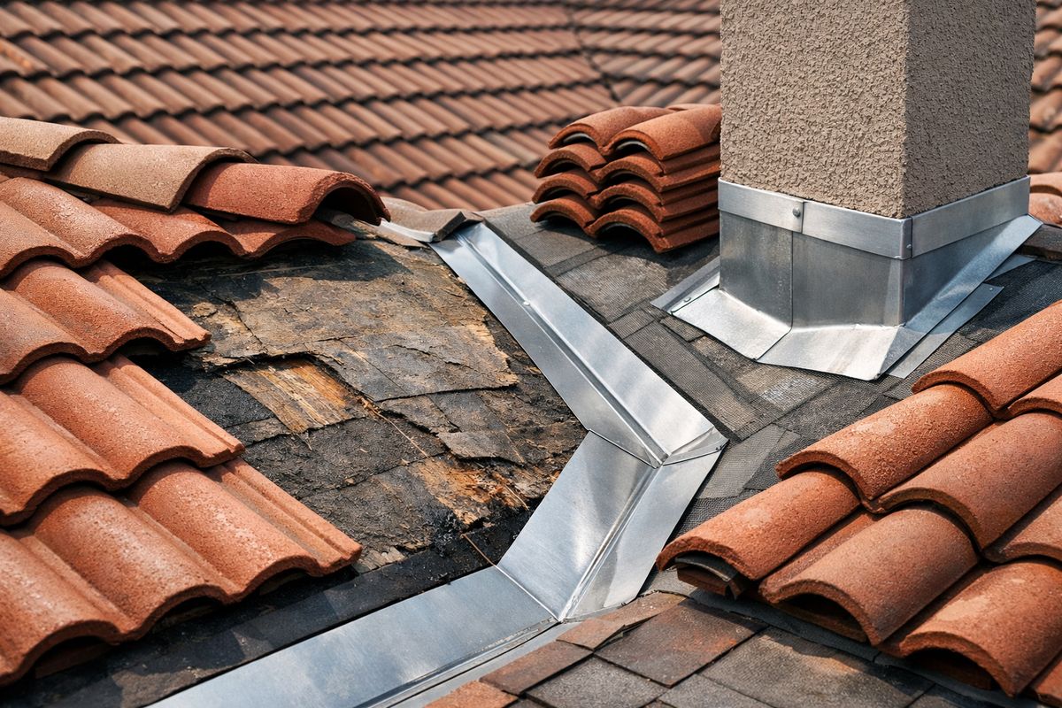 A close-up view of a tile roof under repair, with several clay tiles lifted back to reveal aged underlayment beneath, silver metal flashing running along a valley and around a chimney, and the ridge cap pieces stacked nearby on the roof surface under bright Florida sunlight.