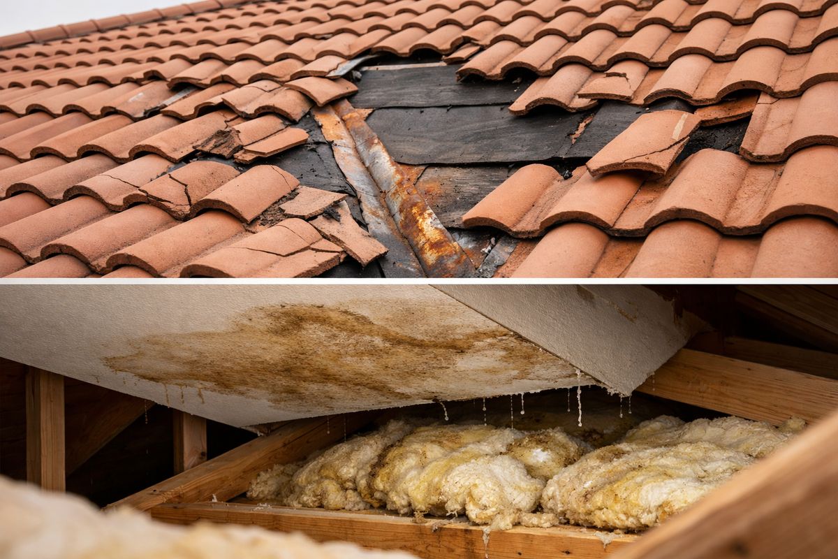A Florida home roof with several cracked and slipped clay tiles, a few missing tiles exposing dark underlayment, and a stained ceiling section visible inside an attic below, with damp insulation and rusted flashing around a roof valley