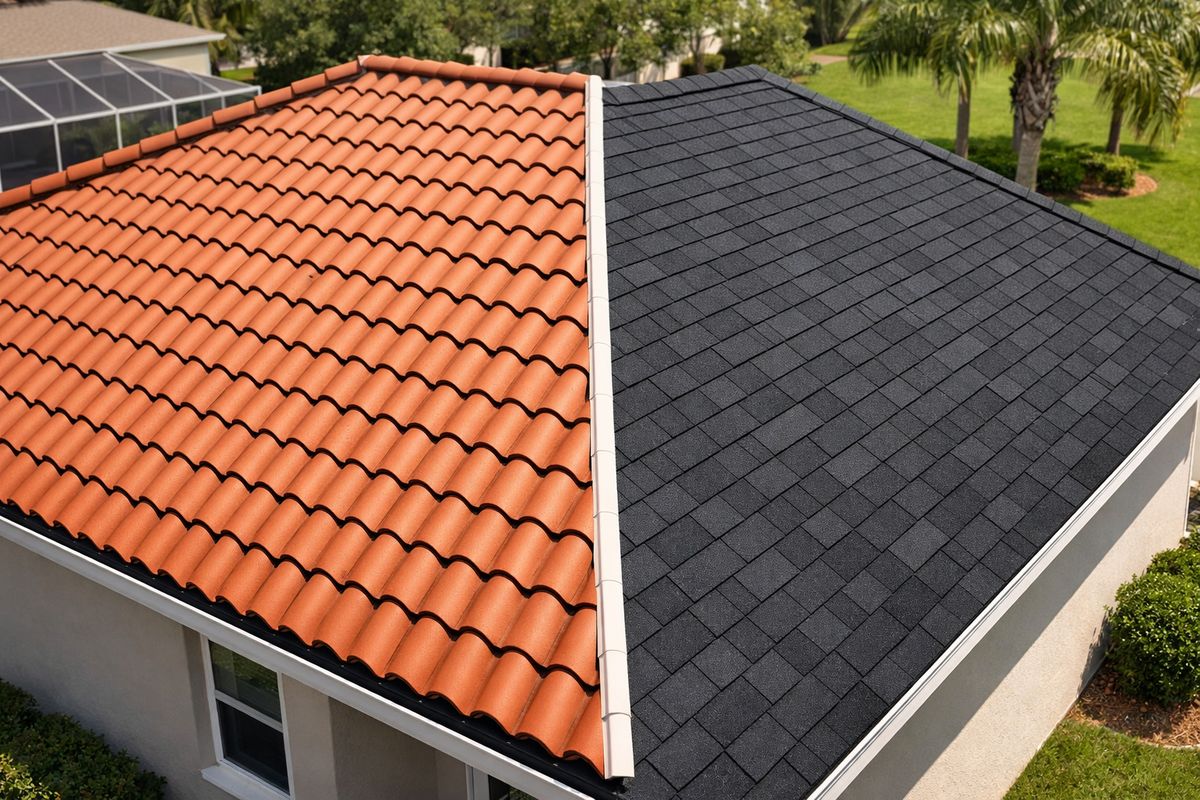 A split-view suburban house roof in bright Florida sunlight, with clay barrel tiles on one side and dark asphalt shingles on the other, shown from an angled aerial view with the two roof surfaces clearly contrasting in color, shape, and texture.
