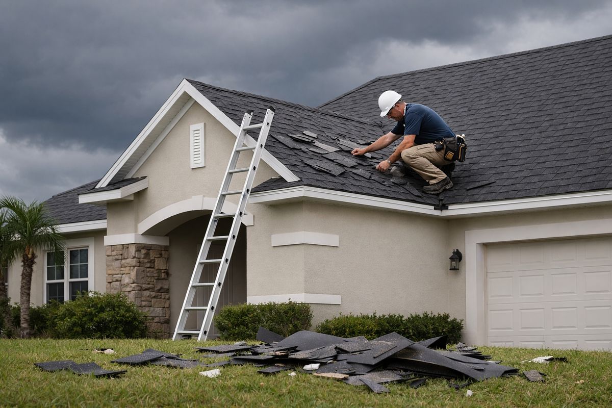 A Florida suburban house with a steep roof after a recent storm, showing a worker in a hard hat inspecting damaged shingles near a ladder while dark rain clouds and scattered roofing debris sit in the yard
