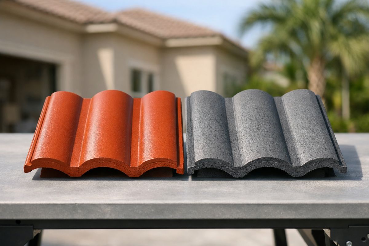 A close-up of two roof tile samples laid side by side on a worktable outdoors in bright Florida sunlight, one with a rich reddish clay barrel shape and the other a gray concrete tile with a similar profile, with a stucco house and palm trees blurred in the background.