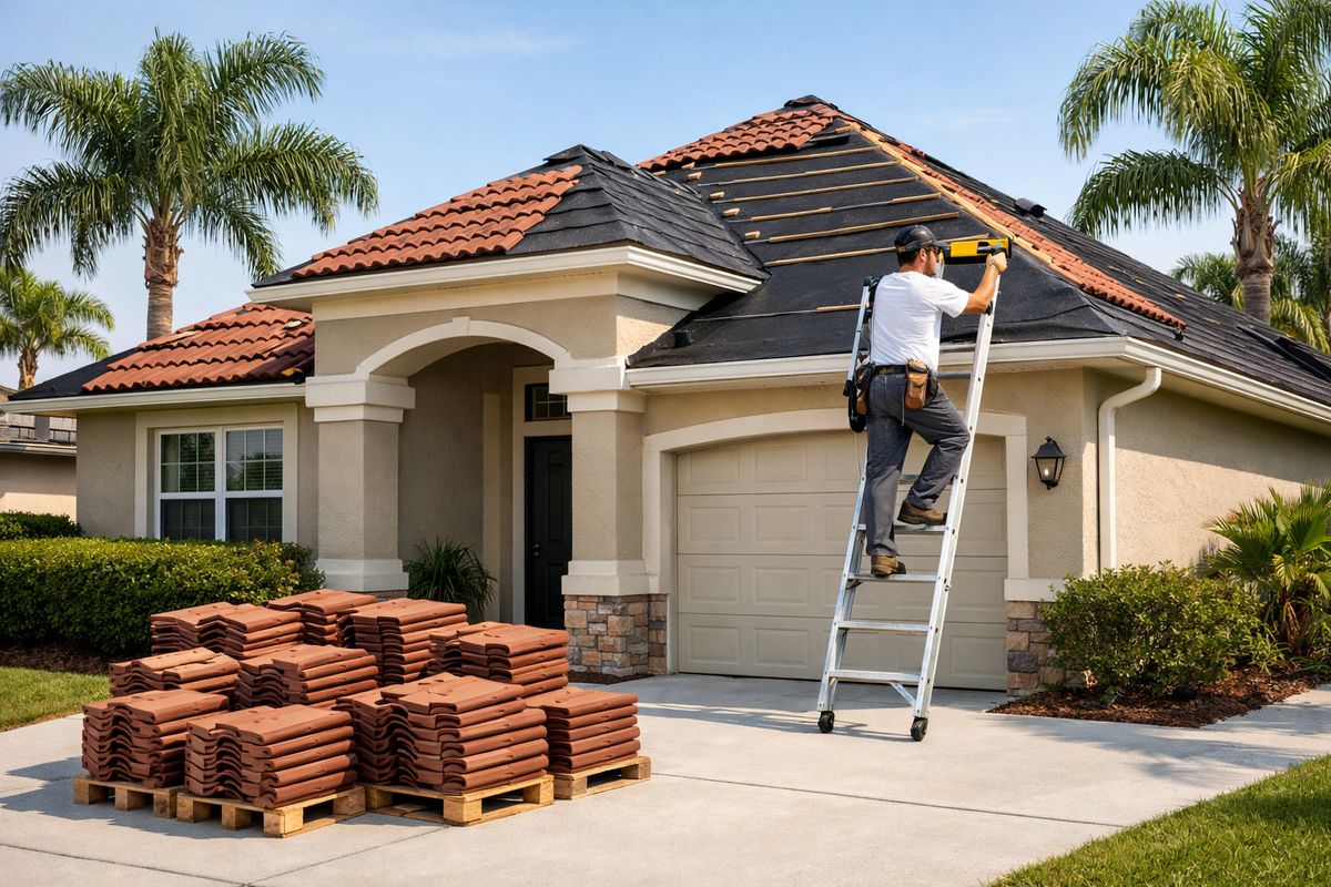 A Florida suburban house with a partially completed tile roof estimate scene: stacks of reddish concrete roof tiles on a driveway, a roofer measuring the roof pitch from a ladder, and a steep, multi-hip roof under bright sun with palm trees in the background