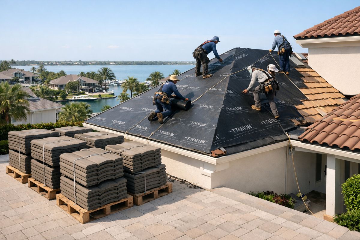 A Florida home with a tile roof being replaced, showing stacked concrete tiles on the driveway, a roof crew handling new underlayment on a steep section, and a coastal neighborhood in the background under bright sun.