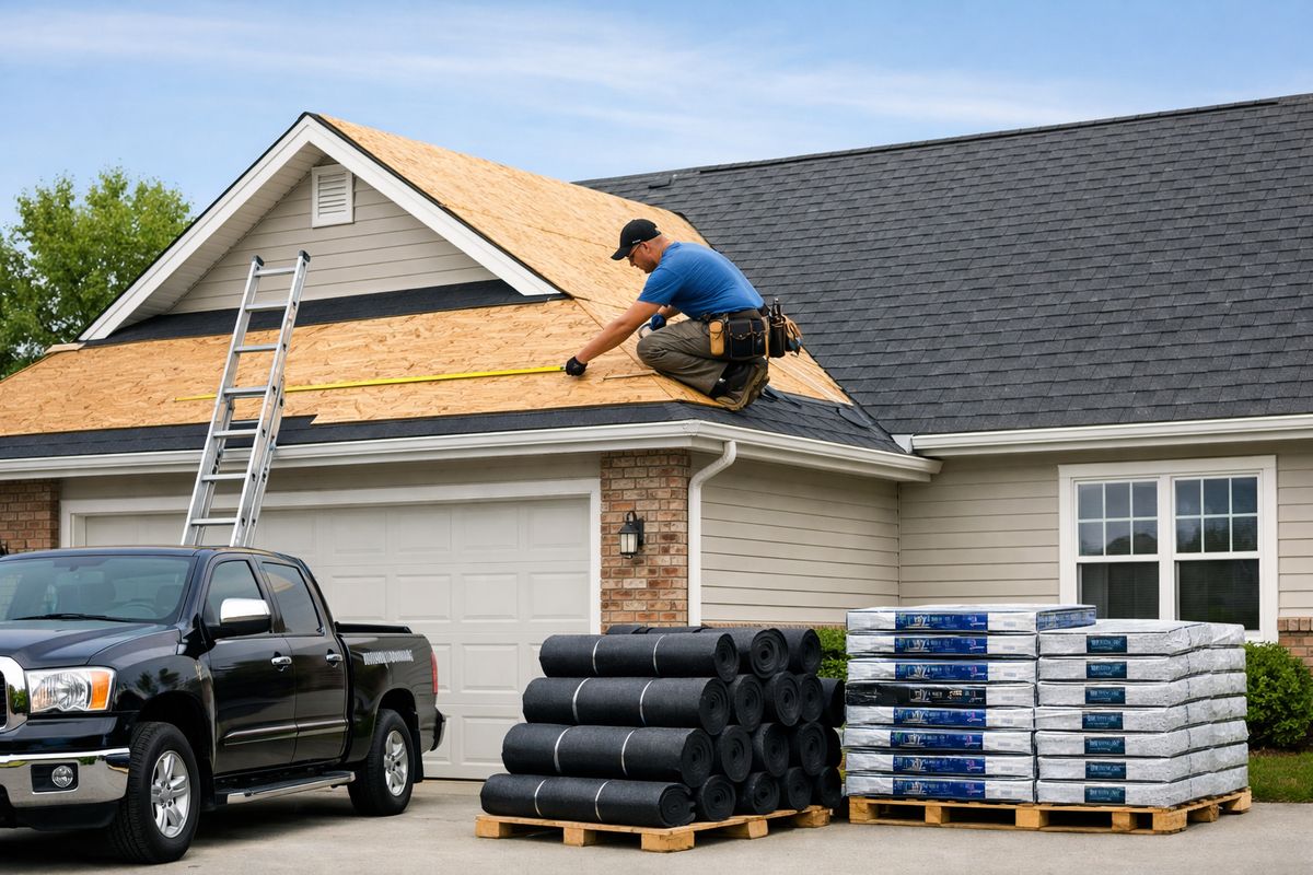 A suburban house roof replacement in progress with a contractor measuring the roof, a truck parked in the driveway, rolled-up shingles and underlayment stacked nearby, and a ladder leaned against the house while the rest of the roof remains intact.