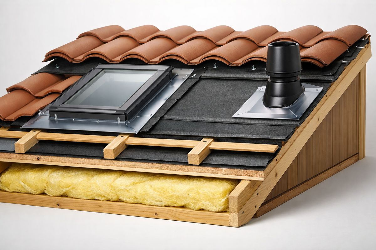 A cutaway view of a tile roof showing curved clay tiles on top, underlayment beneath them, metal flashing around a skylight and vent pipe, fasteners, battens, attic insulation, and roof decking layered clearly in cross-section