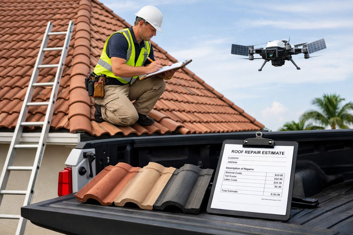 A contractor on a tiled Florida roof using a clipboard and measuring tape near a steep section, with a ladder leaning against the house, a satellite-style inspection drone hovering nearby, and replacement tile samples and a repair estimate sheet laid out on a truck tailgate.