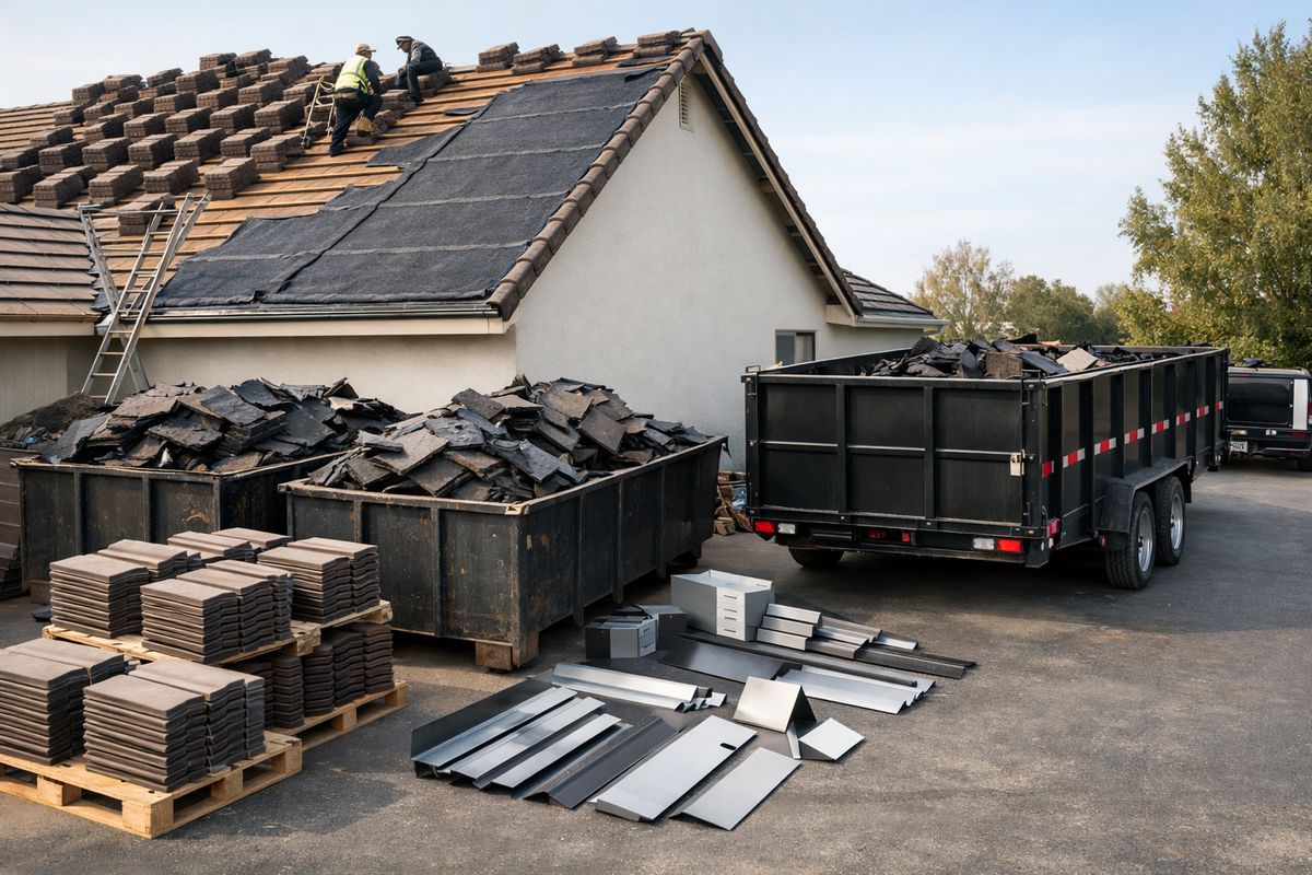 A tile roof jobsite with stacks of concrete roof tiles on pallets, a steep roof section being worked on, torn-out underlayment piled into debris containers, metal flashing pieces laid out beside the house, and a dump trailer positioned in the driveway for removal and cleanup.