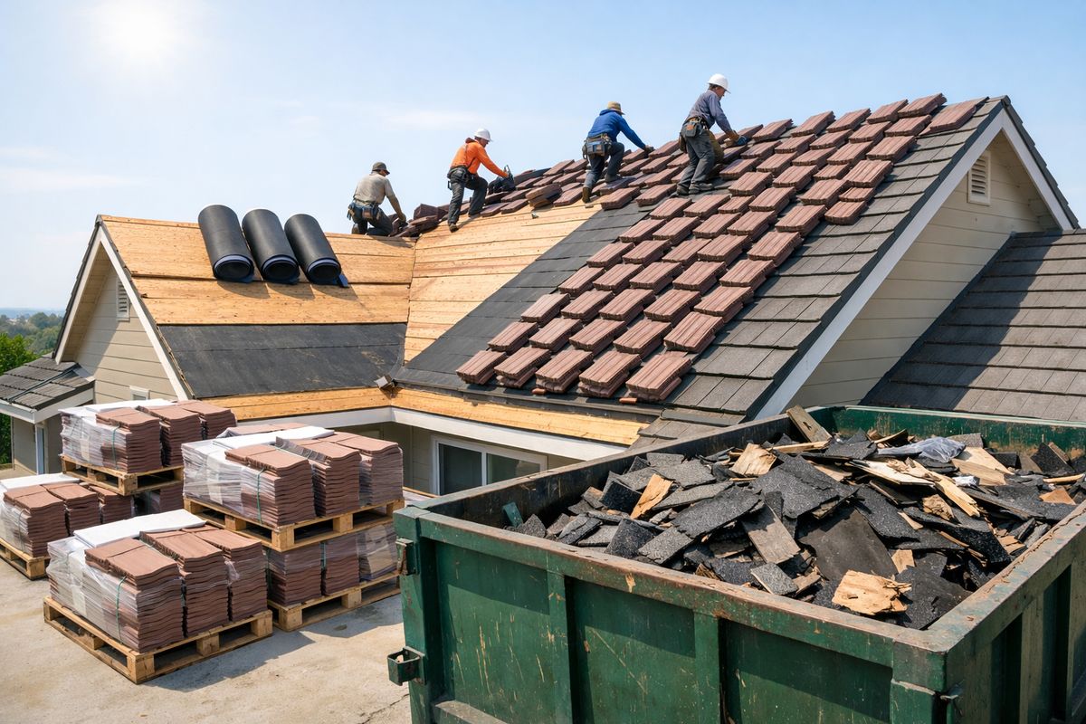 A roof replacement worksite with stacks of bundled tile pallets, torn-off old roofing debris in a dumpster, exposed roof decking in sections, rolls of underlayment waiting on the roof, and a crew installing new tile on a steep residential roof under bright sun