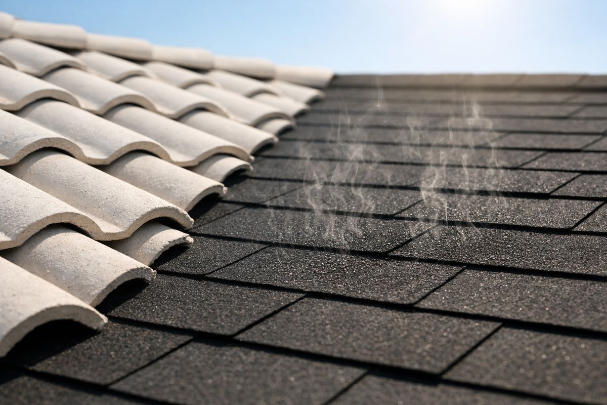A close-up roof scene under harsh midday sun showing pale curved roof tiles with small shaded air gaps underneath on one side, and flat dark asphalt shingles on the other side, with visible heat shimmer rising from the darker roof surface.