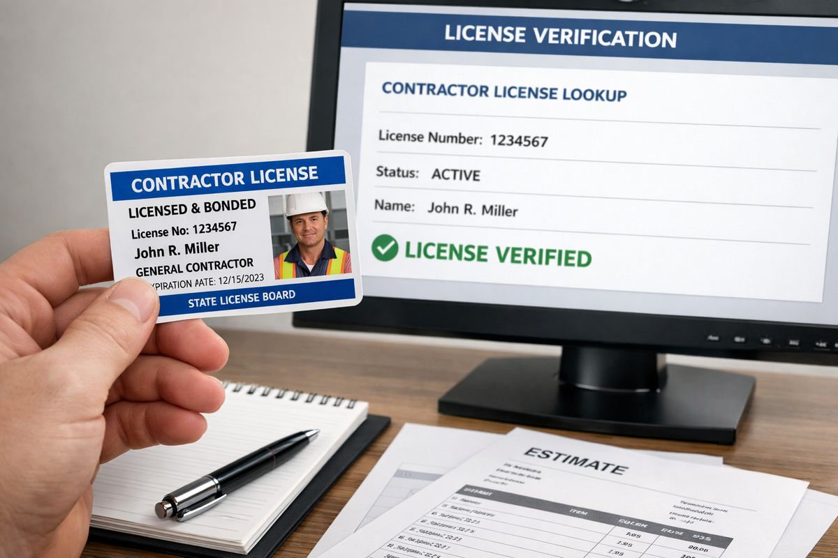 A close-up scene of a hand holding a printed contractor license card next to a computer monitor showing a license verification webpage, with a notepad, pen, and estimate paperwork spread across a desk