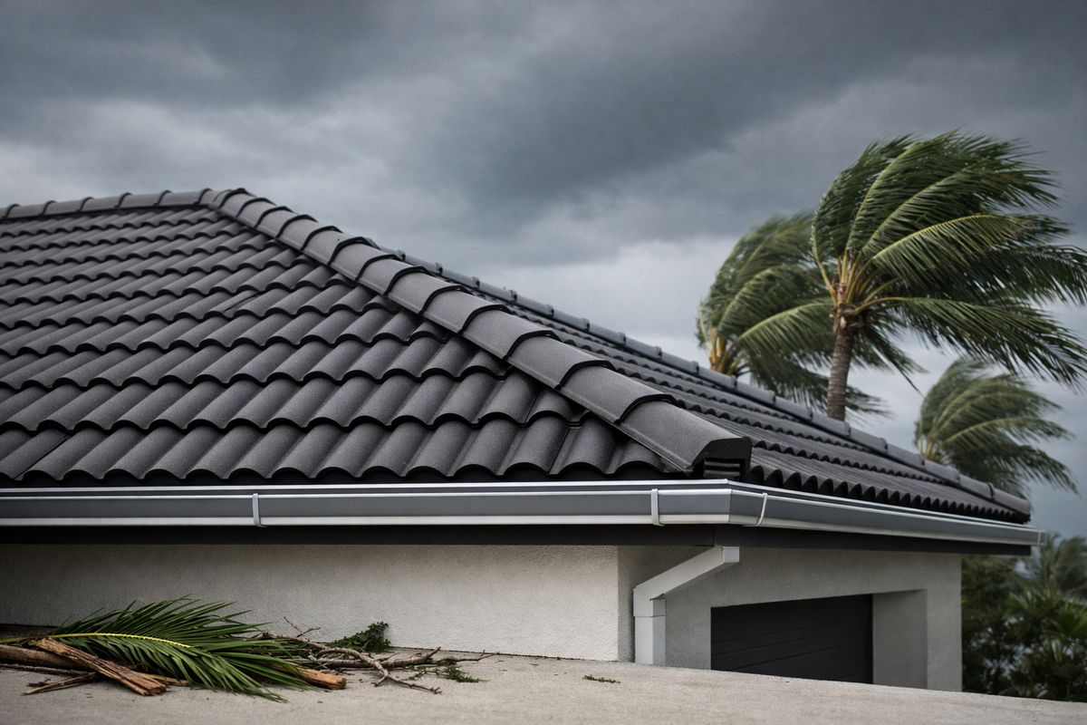 A storm-tested tile roof on a Florida home with several rows of interlocking tiles, visible metal edge flashing, and strong perimeter detailing, shown under dark windy skies with palm trees bending nearby and a few loose branches on the ground.