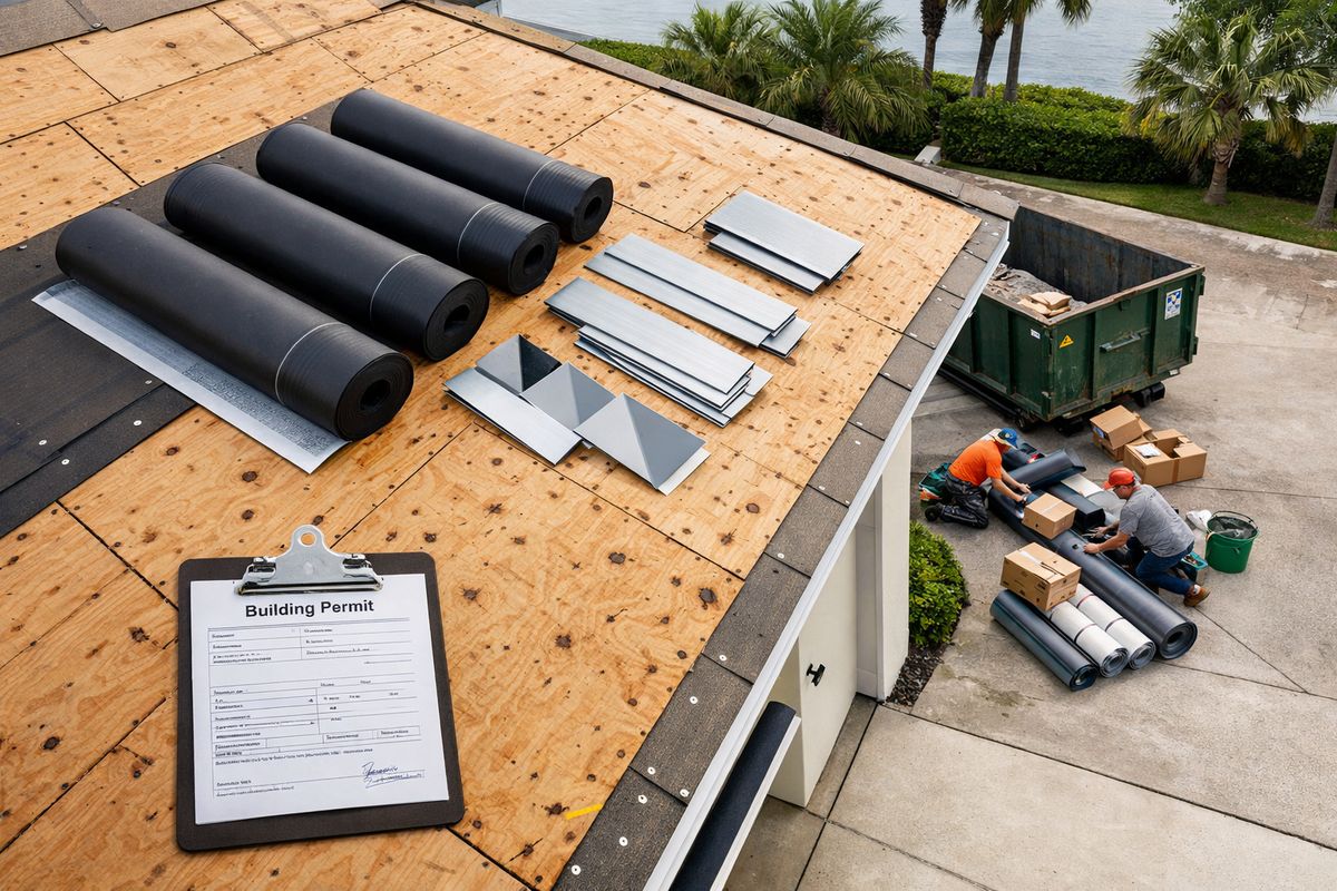 A coastal Florida home roof viewed from above showing hurricane-related upgrade work: exposed roof decking, rolls of upgraded underlayment, metal flashing pieces, permit paperwork clipped to a clipboard on the ground, and a crew preparing materials near a driveway lined with a dumpster