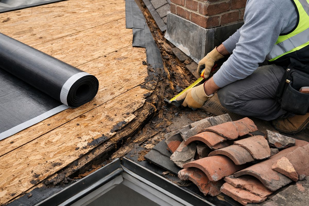 A close view of a roof tear-off in progress with exposed plywood decking, a rolled peel-and-stick underlayment, broken tile pieces near the roof edge, and a contractor measuring damaged wood around a valley and chimney flashing.