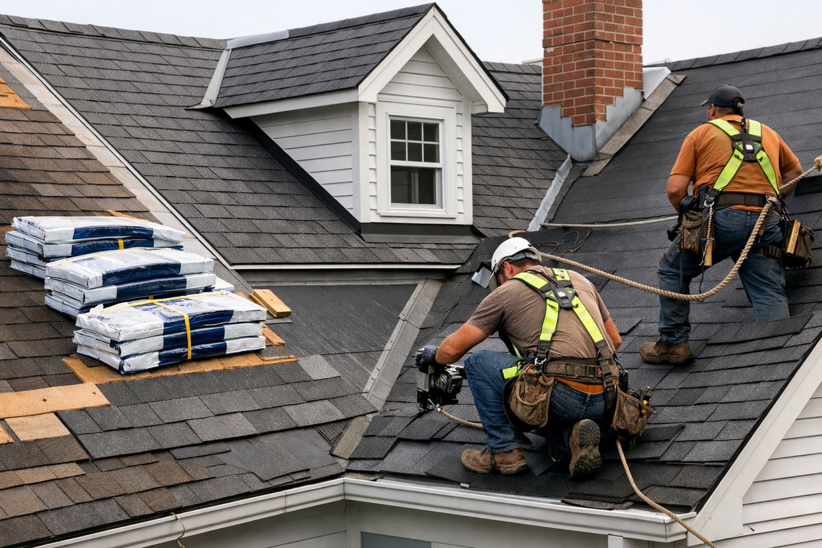 A close-up view of a roofing crew working on a steep, complex roof with multiple dormers, valleys, and a chimney, showing bundles of roofing material, safety harnesses, and a mix of old and new roof sections during installation.