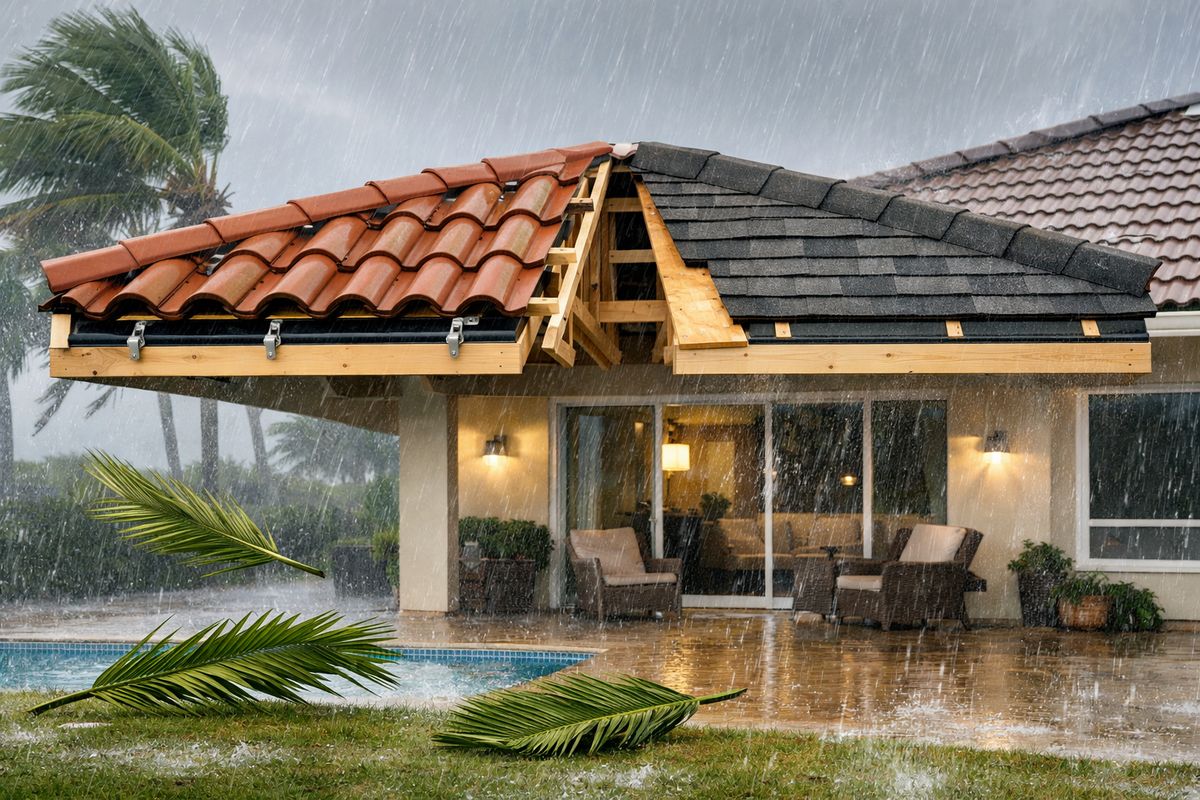 A Florida home during a severe storm with strong wind-driven rain, loose palm fronds blowing across the yard, and a roof cutaway showing interlocked tiles secured to the structure on one side and layered shingles fastened over the deck on the other.