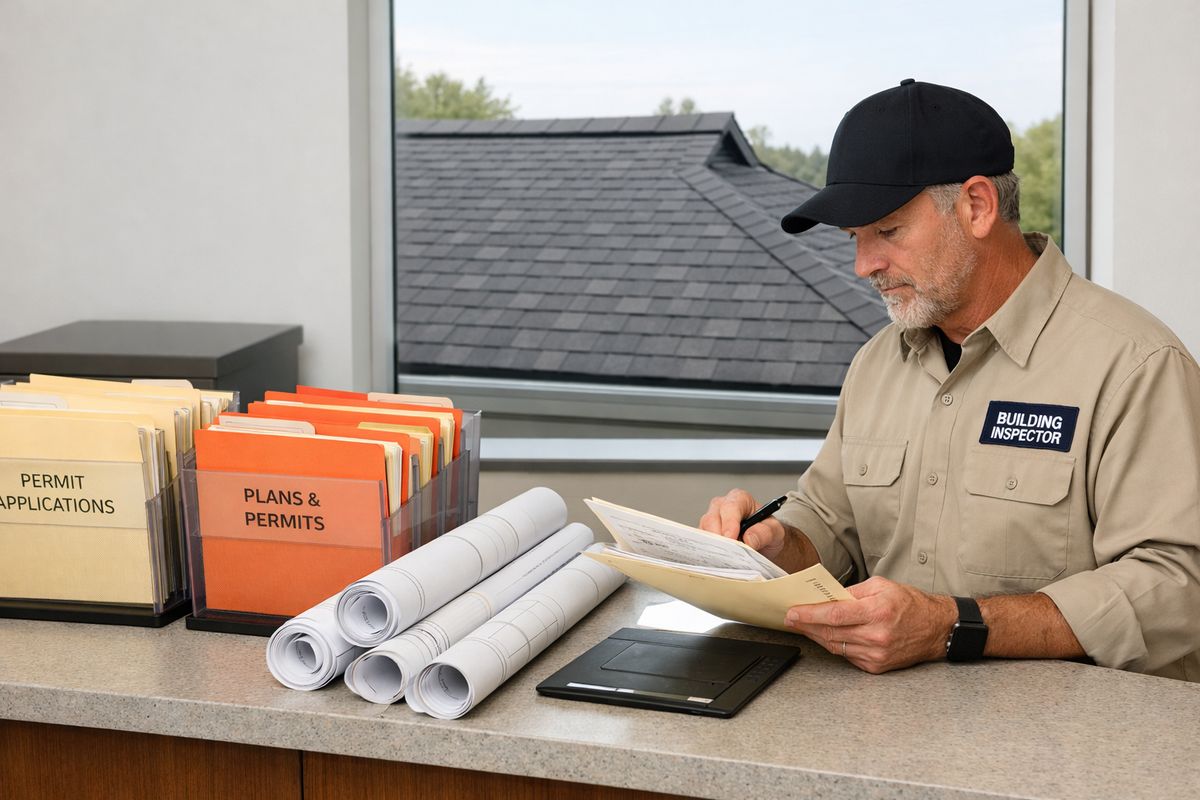 A county building department counter with permit folders, rolled roofing plans, and an inspector reviewing a rooftop permit packet while a completed roof is visible through the window in the background