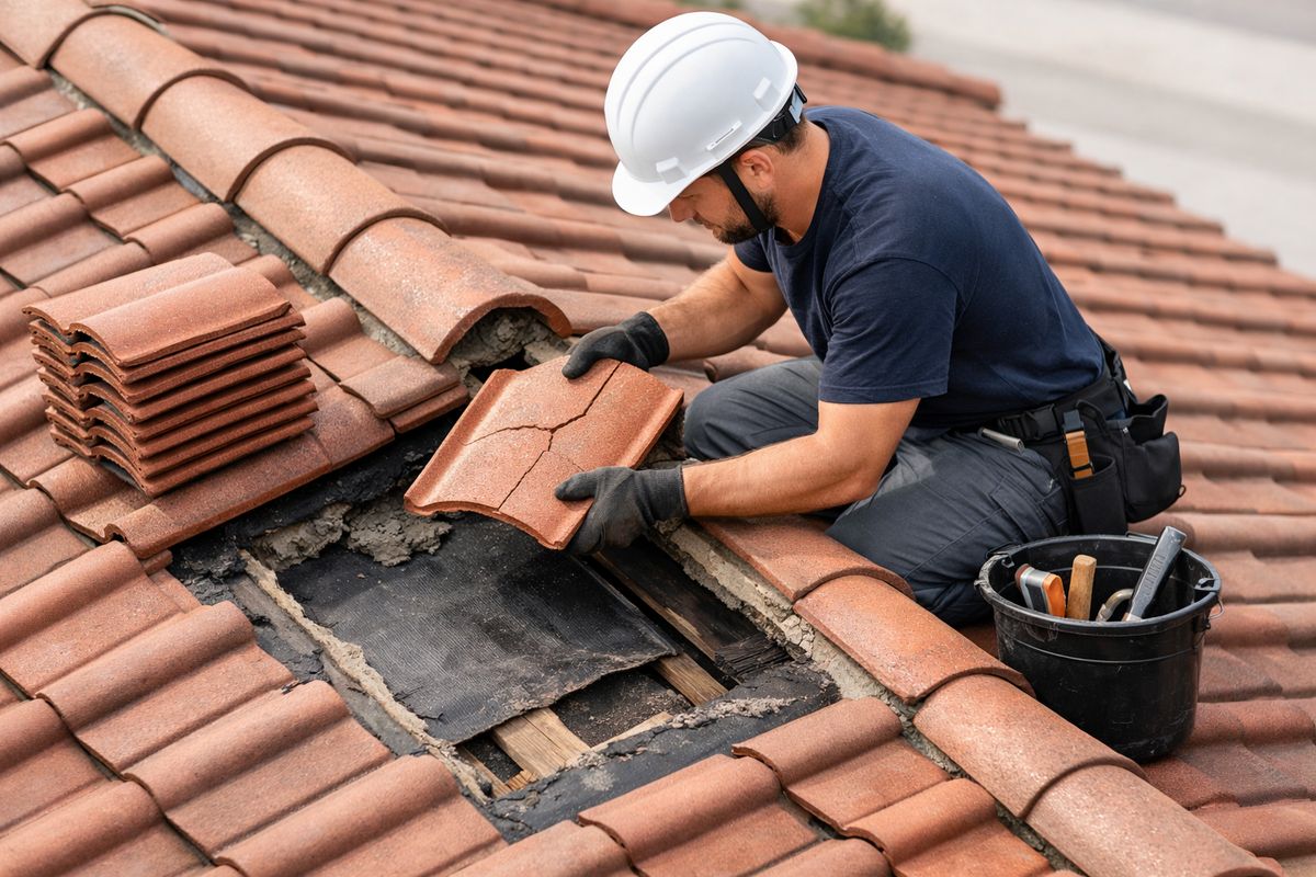 A roofing worker carefully lifting and replacing a cracked tile near the ridge of a tile roof, with stacked replacement tiles, a bucket of tools, and weathered underlayment visible where a section has been opened for repair.