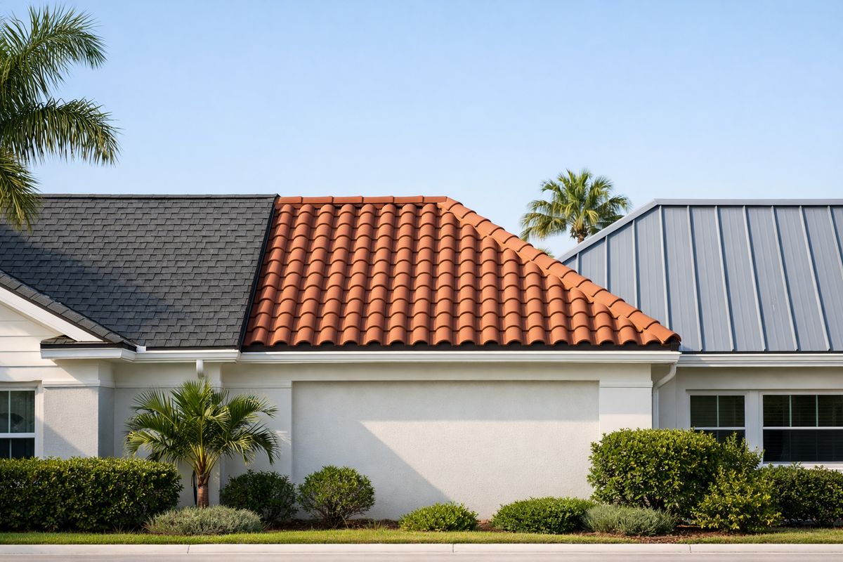 Three adjacent roof sections on neighboring houses: one with asphalt shingles, one with clay roof tiles, and one with standing seam metal panels, all viewed from the street in a sunny Florida residential setting.