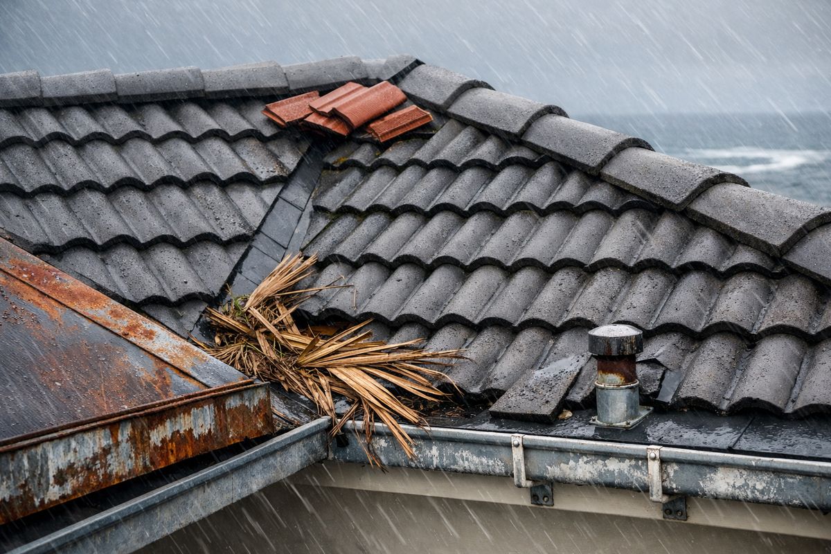 A coastal house roof during stormy weather with wind-blown rain, a few loose tile pieces near the ridge, rusted metal flashing at an edge, fallen palm debris in the valley, and salt-weathered metal components near the eaves
