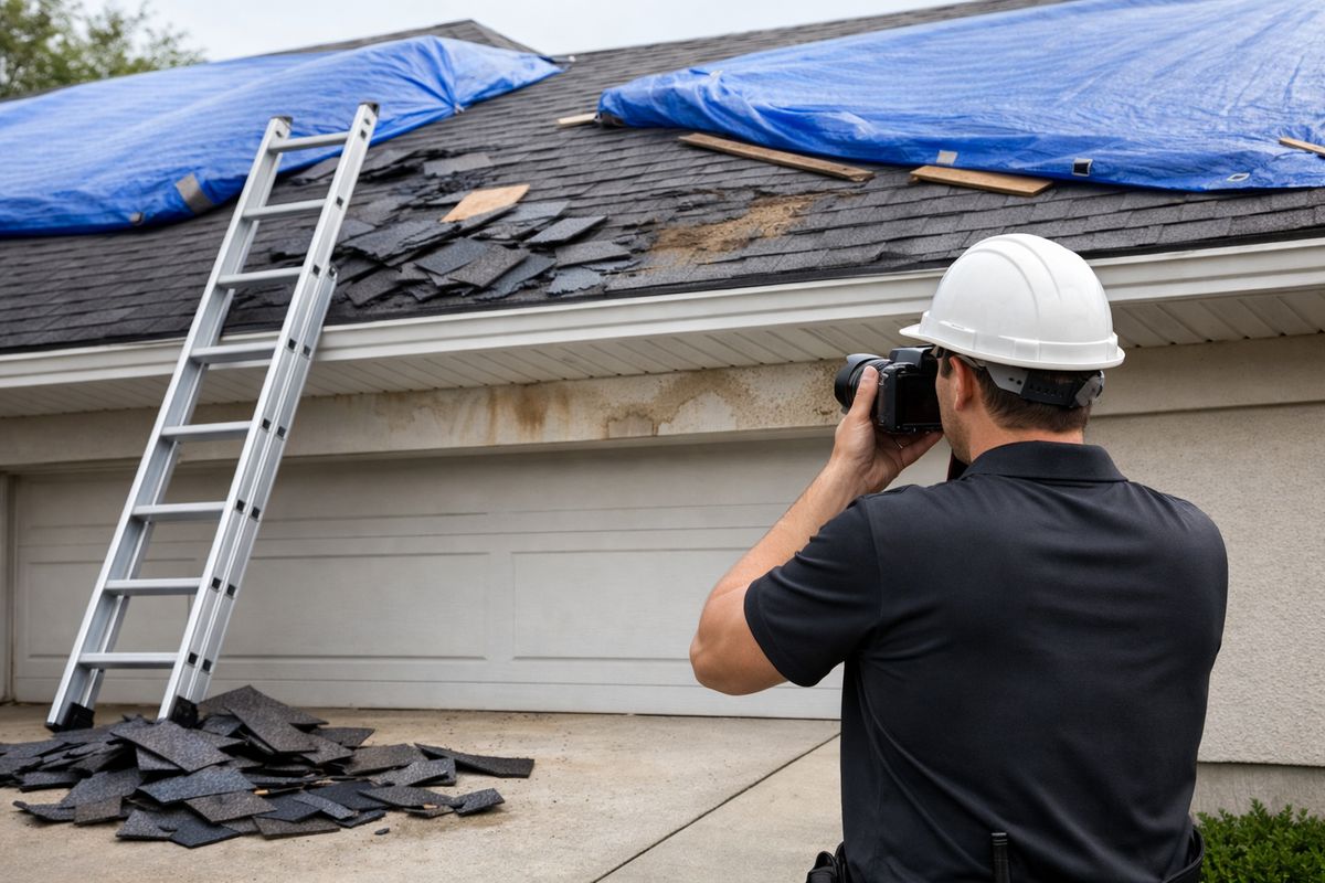A roof after storm damage with tarped sections, a ladder, broken shingles on the ground, and a contractor taking photos of the damage with a camera while water stains are visible on the soffit