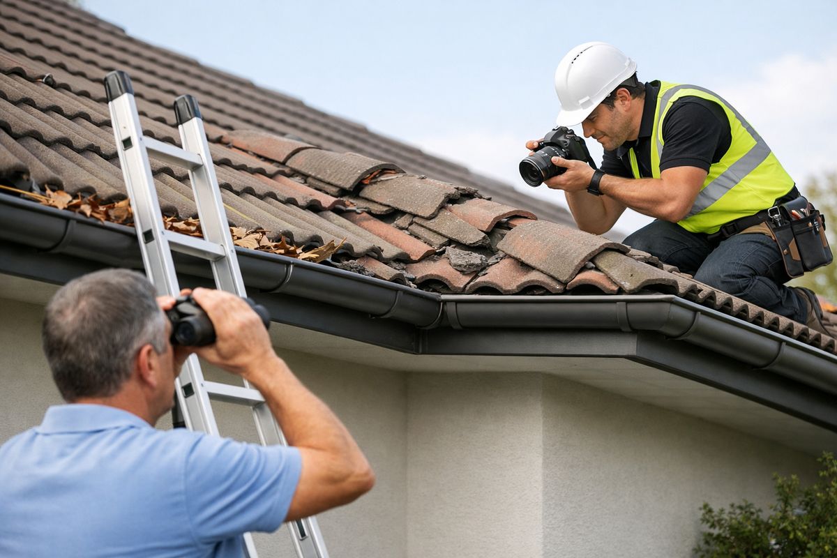 A roof inspection scene showing a homeowner standing on the ground with binoculars pointed at a tile roof, while a ladder rests near the eaves, gutters are partly filled with leaves, and a professional roofer is photographing damaged ridge tiles after a storm