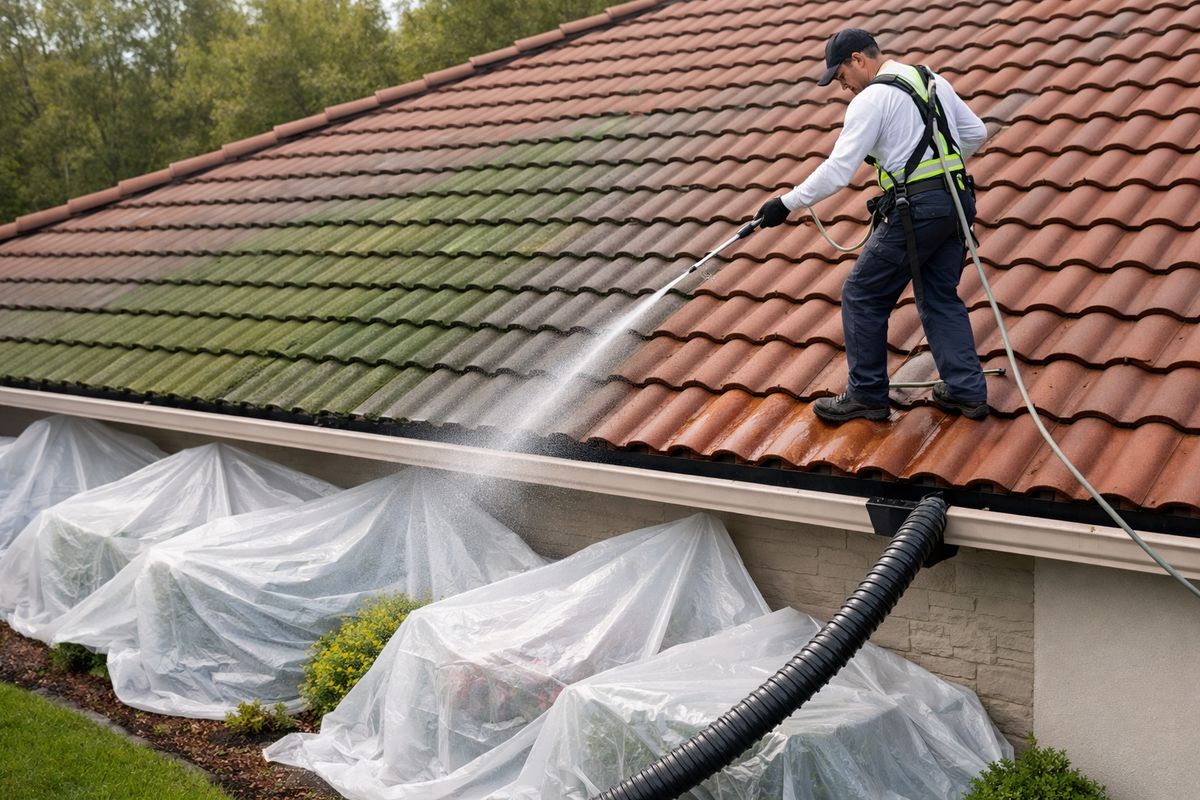 A soft washing setup on a tile roof with low-pressure spray equipment, a worker carefully rinsing algae-stained tiles, tarps covering shrubs and flower beds below, and a cleared gutter line directing runoff away from the house